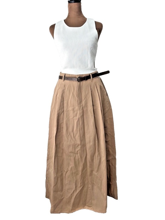 Dresses & Skirts - 2-Piece Preloved Women's Outfit White Sleeveless Knit Top & Brown Pleated Skirt